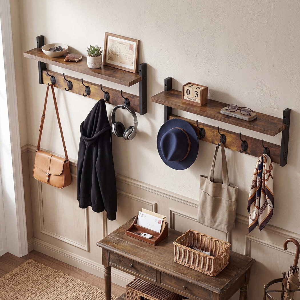 Levede Coat Rack Wall Mounted Wooden Hooks Hangers Storage Shelf 2 Pack Brown