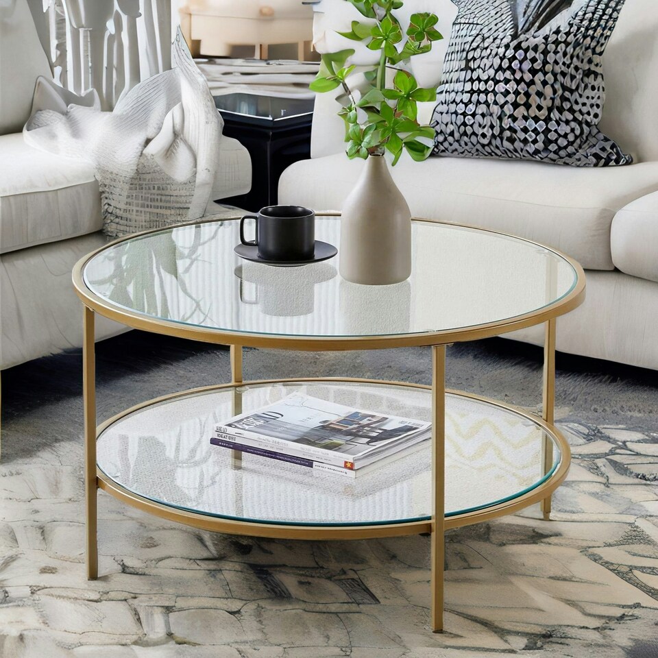 image 1 of Industrial 2 Tier Round Coffee Table With Tempered Glass Gold