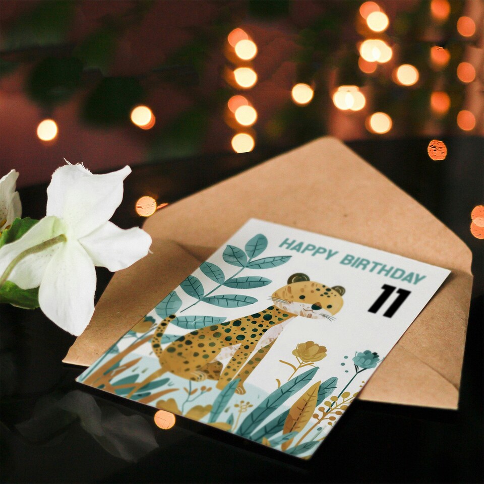 image 1 of Cute Cheetah Jungle Plants Fun Kids Age 11 Year Old Kids 11th Birthday Card