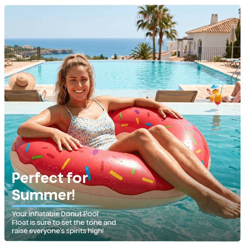 image 1 of Inflatable Pink Doughnut - 42 inches/107cm Donut with Pink Icing Design - Adults Kids Boys Girls Fun Summer Activity Pool Party Beach Day Swimming Toy Float