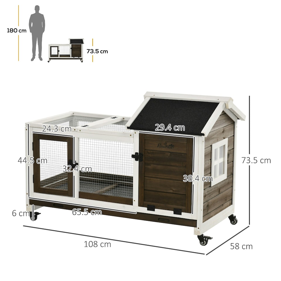 image 1 of PawHut Rabbit Hutch, Guinea Pig Cage with Wheels, Outdoor/Indoor, Brown