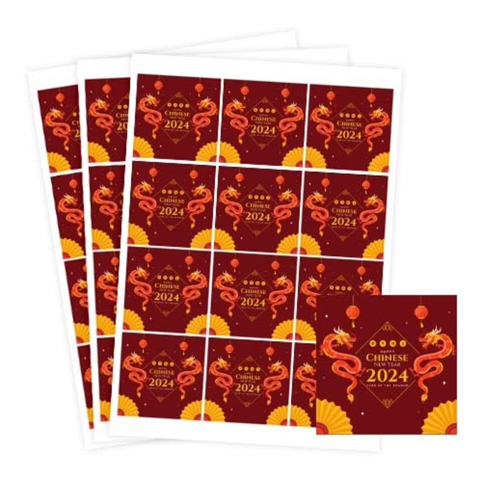 image 1 of Happy Chinese New Year 2024 Dragons Design Square Stickers 65mm - Sheet of 12