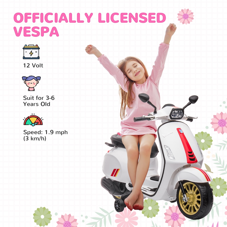 image 1 of AIYAPLAY Vespa Licensed 12V Kids Electric Motorbike, Kids Ride on Motorcycle with Music, Head Light, MP3, FM Radio, Two Training Wheels, for 3-6 Years - White