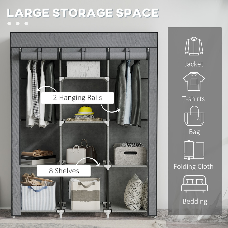 image 1 of HOMCOM Fabric Wardrobe, Portable Wardrobe, Clothes Storage Unit with 8 Shelves, 2 Hanging Rods, 125 x 43 x 162.5 cm, Dark Grey | Grey | Dark Grey