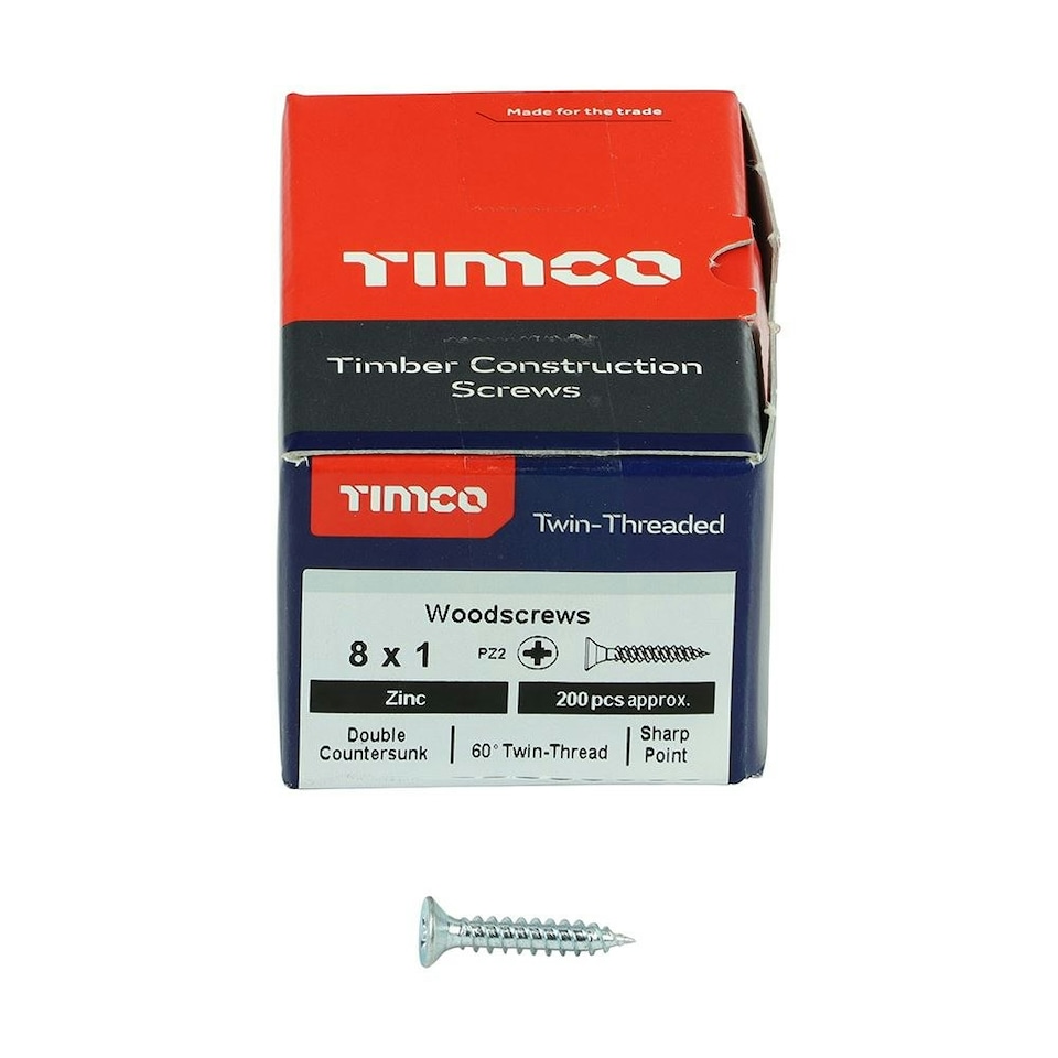 image 1 of Timco - Twin-Threaded Woodscrews - PZ - Double Countersunk - Zinc (Size 8 x 1 - 200 Pieces)