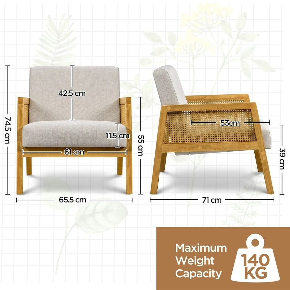 image 1 of Yaheetech Fabric Accent Chair with Rattan Sides Rubberwood Legs | White | Beige