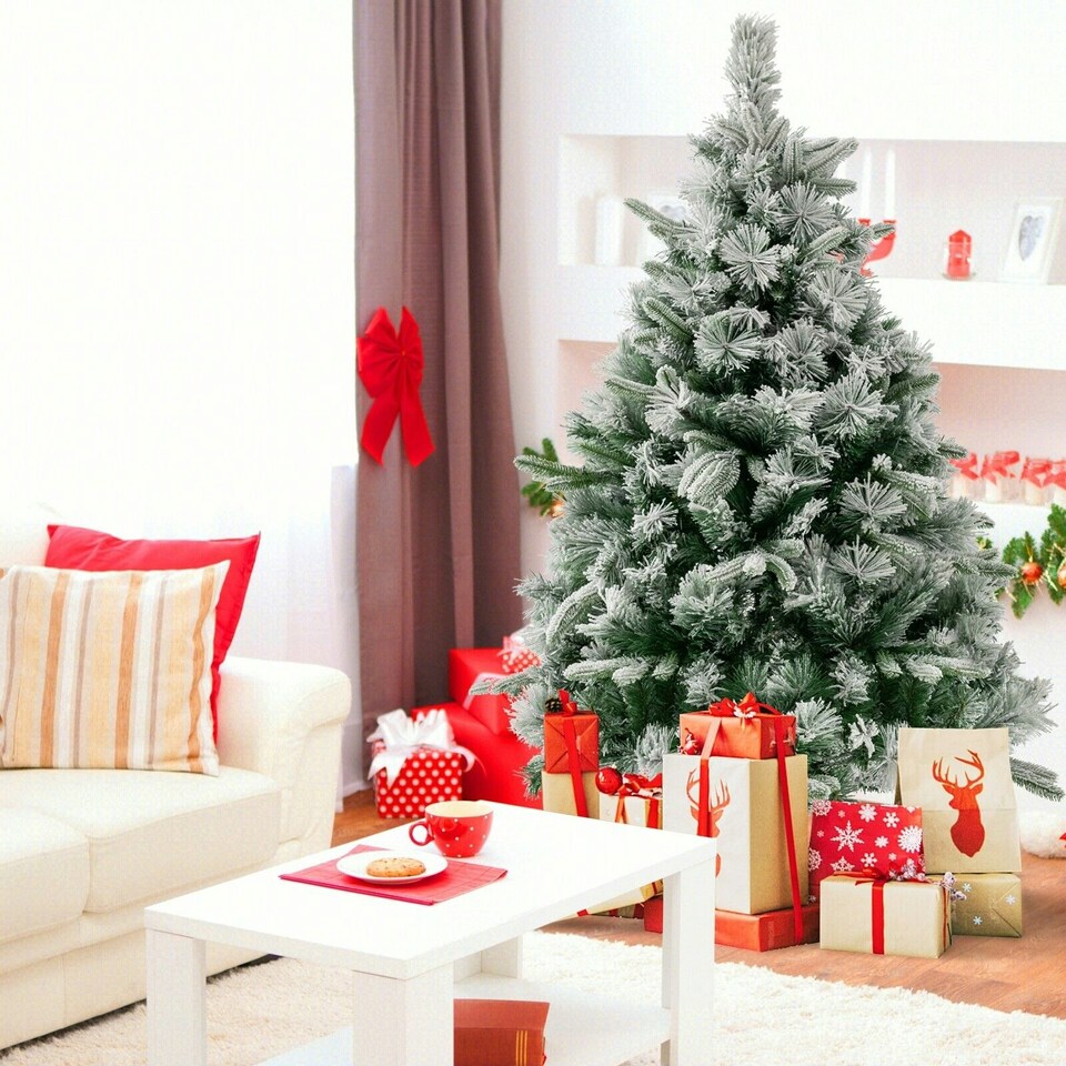 image 1 of COSTWAY 4.5FT Artificial Christmas Tree Flocked Xmas Tree Green | One Size
