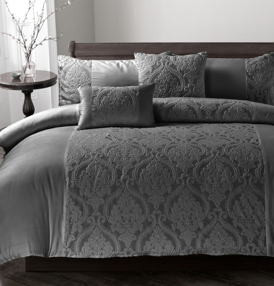 image 1 of Homes Linen Damask Velvet Duvet Cover Set with Pillowcases Luxury Jacquard Textured Quilt Cover Soft Elegant Bedding Set | Clear | Charcoal | Super King