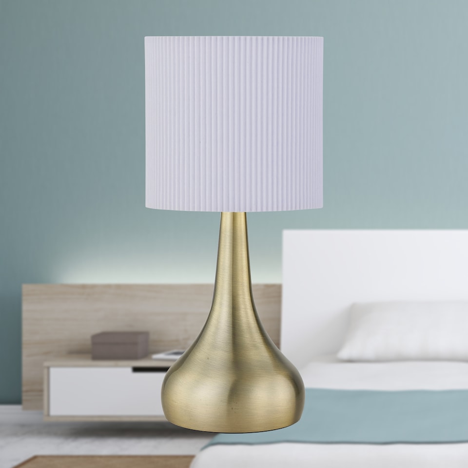 image 1 of Romana - Antique Brass Touch Table Lamp with White Pleated Shade