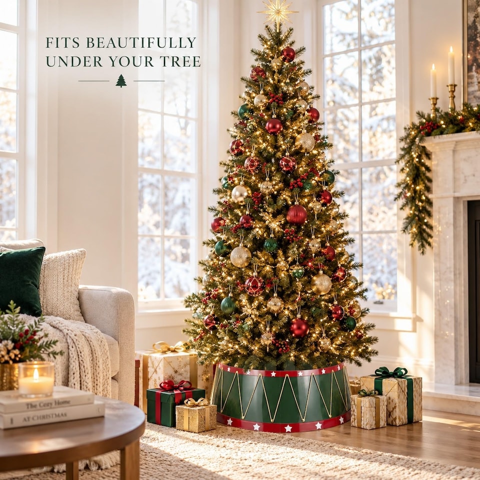 image 1 of 25.6 Inch Drum Style Christmas Tree Collar, Foldable Tree Base Cover with Mirror Finish