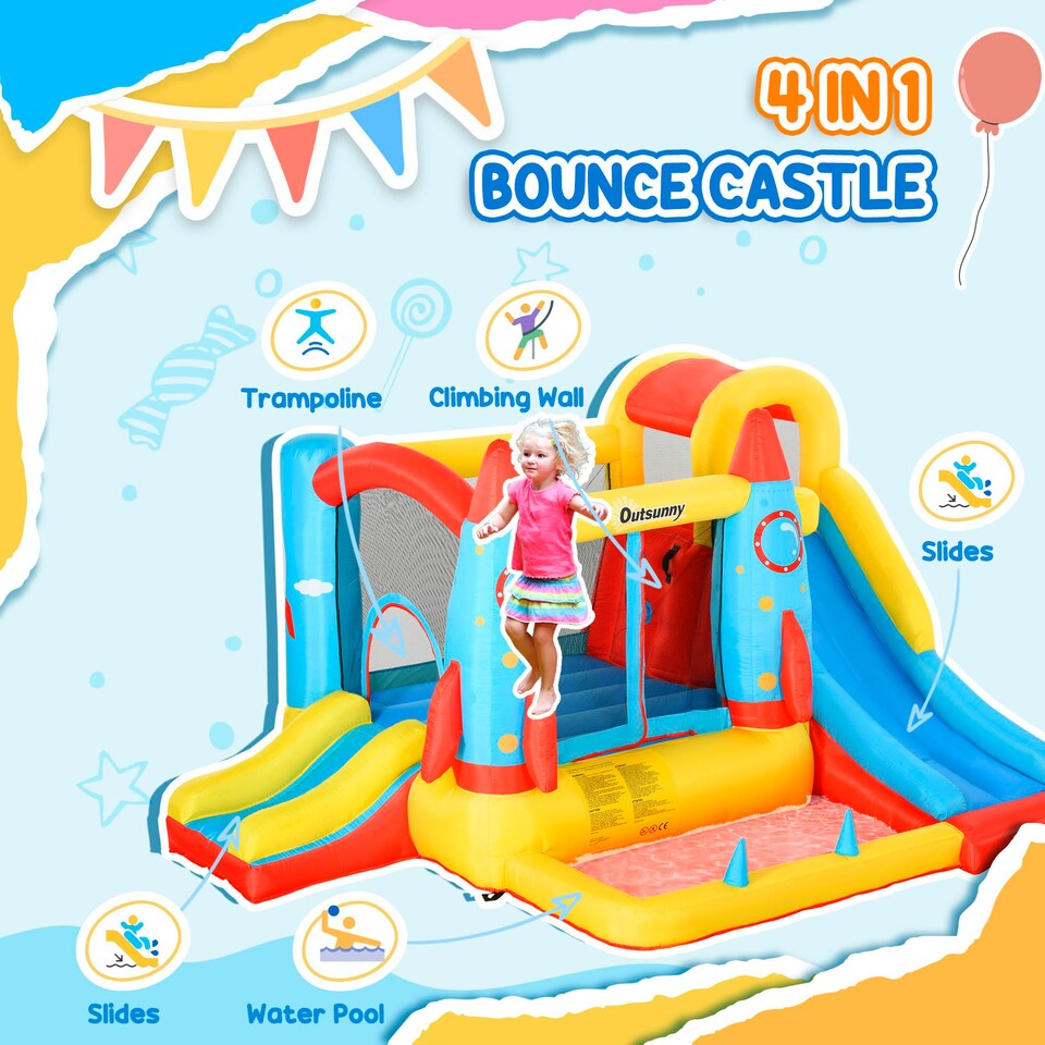 image 1 of Outsunny Bouncy Castle with Slide Pool Rocket Trampoline w/ Carrybag Blower