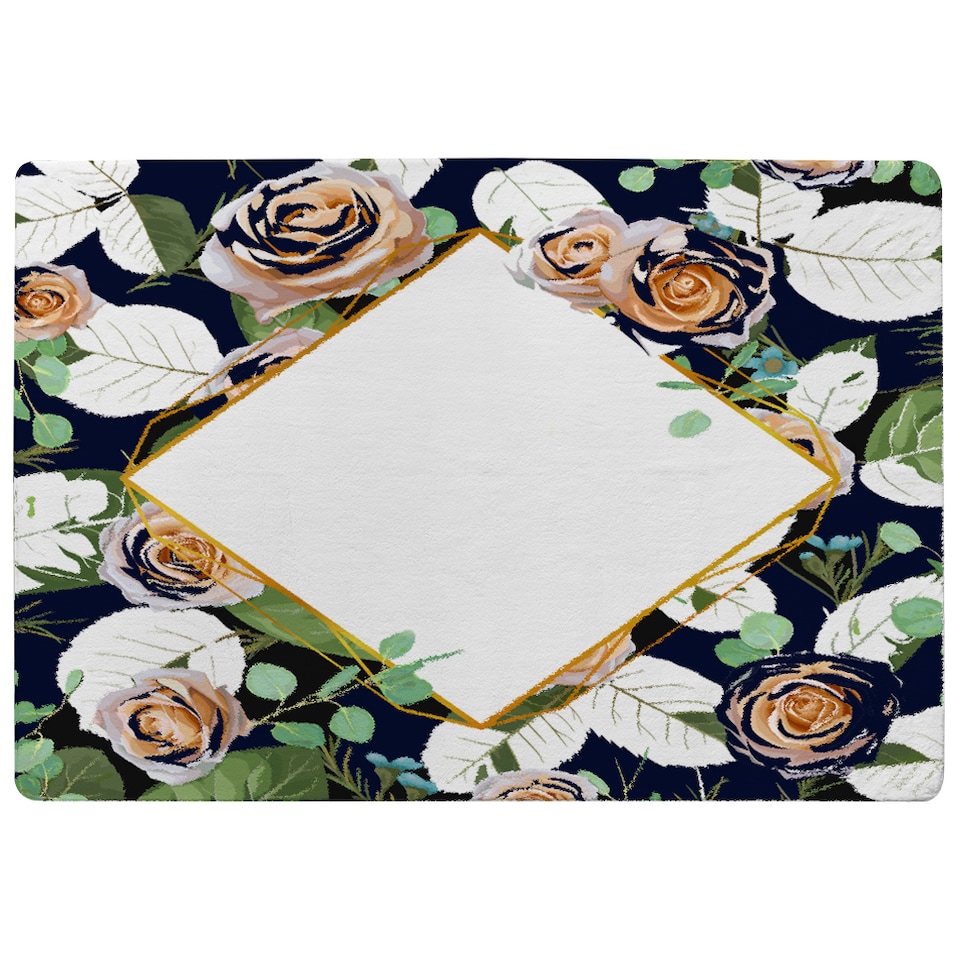image 1 of Decorative Flowers On Navy Rug | Multi