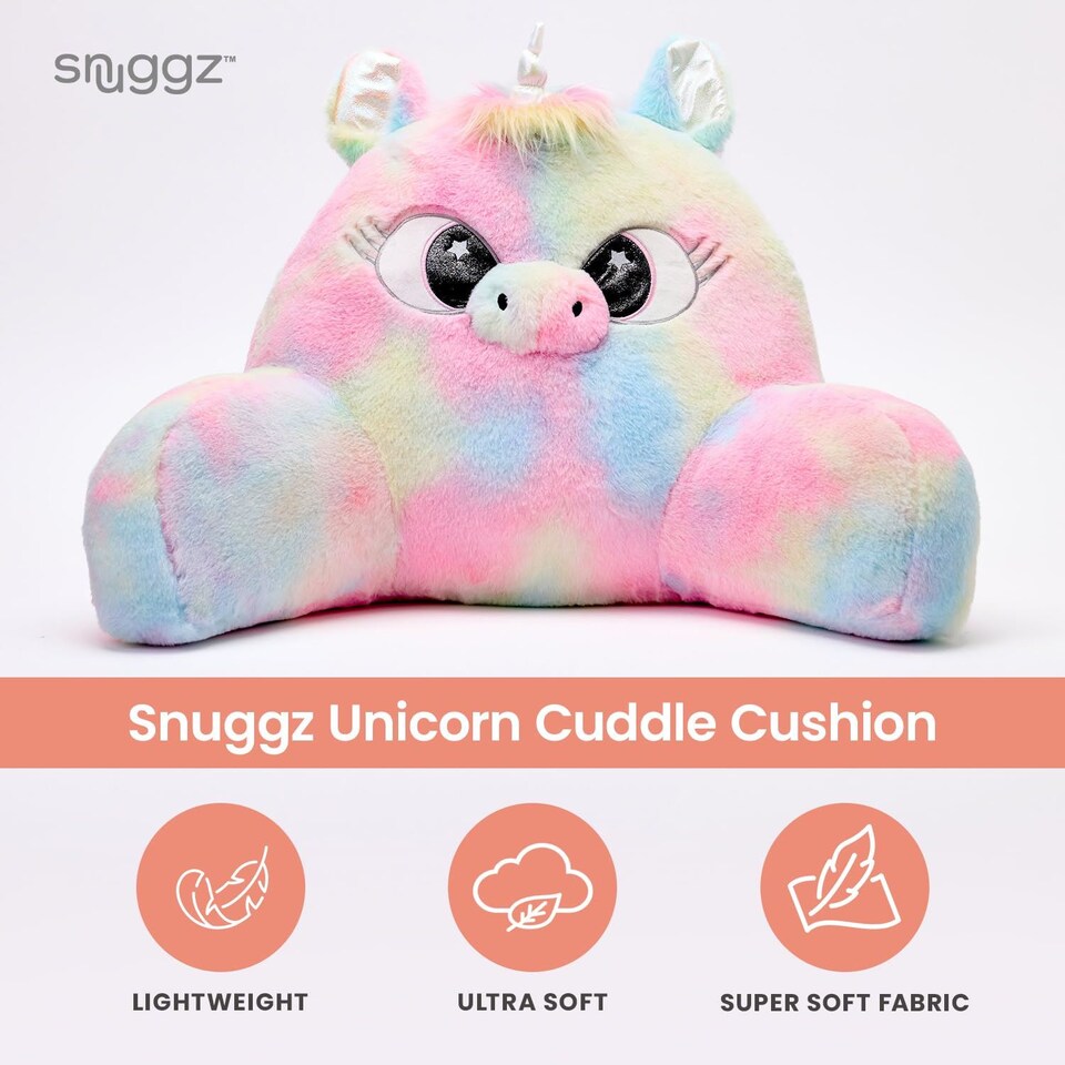 image 1 of Snuggz Unicorn Cuddle Cushion Reading Pillow with Carry Handle 3D Novelty Design Back Support Soft Cosy Bed Pillow - 60 x 40 x 35 cm