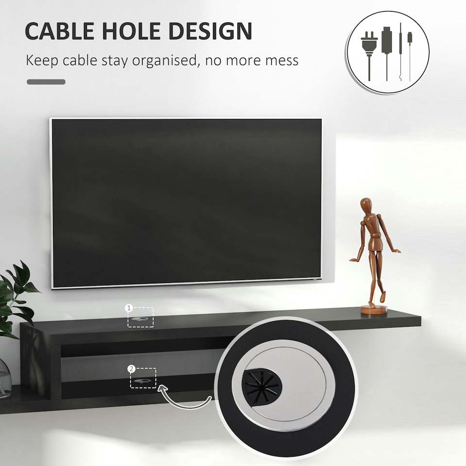 image 1 of HOMCOM Wall Mounted Media Console Floating TV Stand with Shelf Black