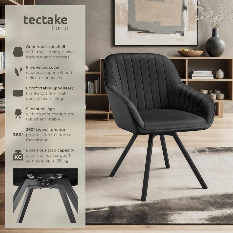 image 1 of Lounge Armchair Living Room Accent Chair 360 Swivel Slim Steel Legs Velvet Fabric  - per piece Black