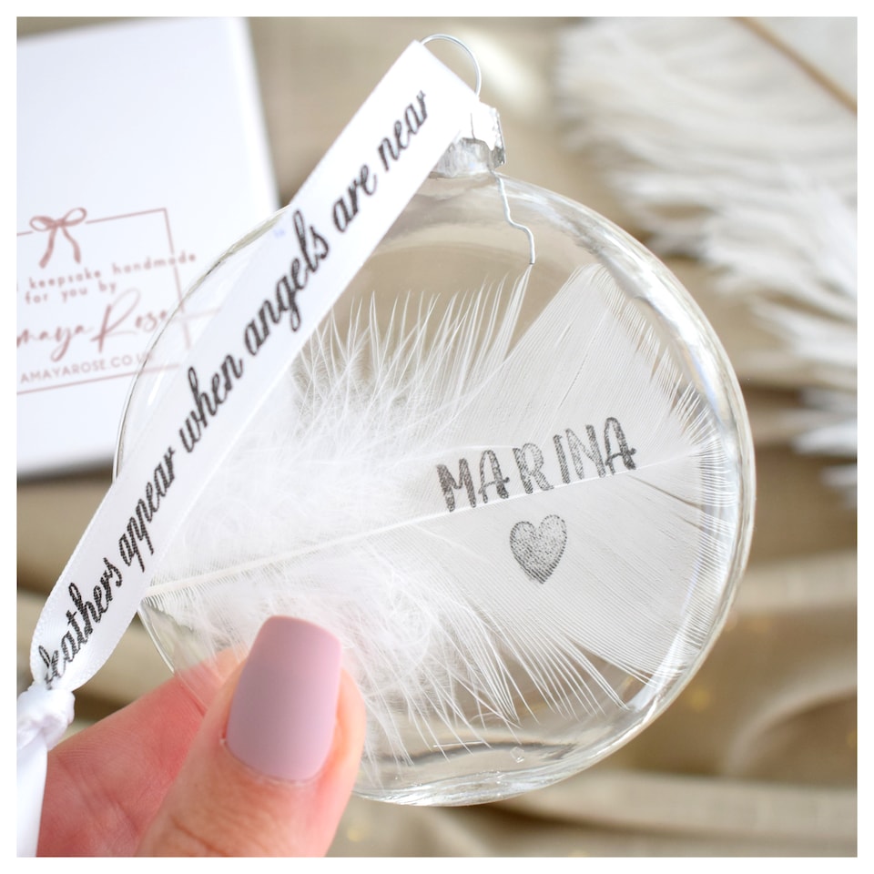 image 1 of Personalised White Feather Bauble. Memorial Angel Decoration