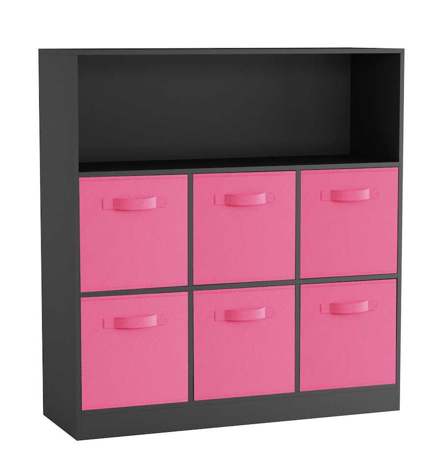 image 1 of Wide 7-Cube Bookcase With Drawers | Black | Black & Dark Pink | 1