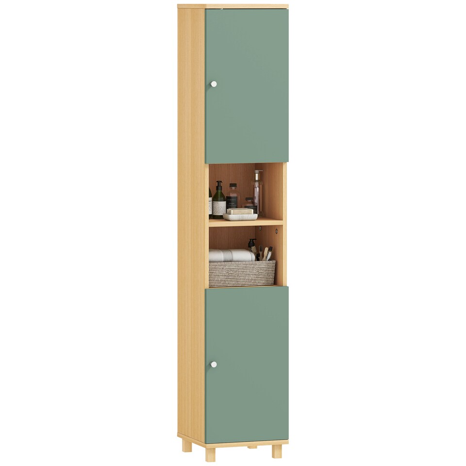 image 1 of HOMCOM Tall Bathroom Cabinet, Freestanding Slim Bathroom Storage Cabinet with 2 Doors, Adjustable Shelves and Open Shelves, 30 x 30 x 166 cm, Green