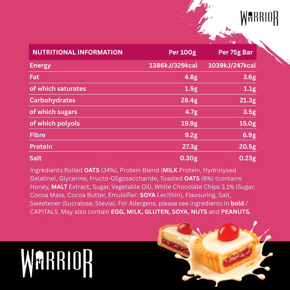 image 1 of Warrior RAW Protein Bars 12 x 75g – 20g High Protein Bar, Low Sugar High Fibre Oat Protein Flapjack – Protein Snacks, Meal Replacement Bars (Cherry Bakewell)