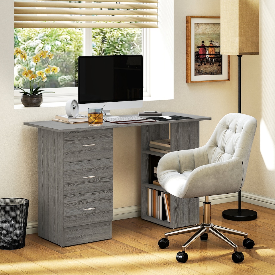 image 1 of HOMCOM Computer Desk, Writing Table, PC Workstation with 3 Storage Shelves and Drawers, Silver Handle, for Home Office, Grey | Grey