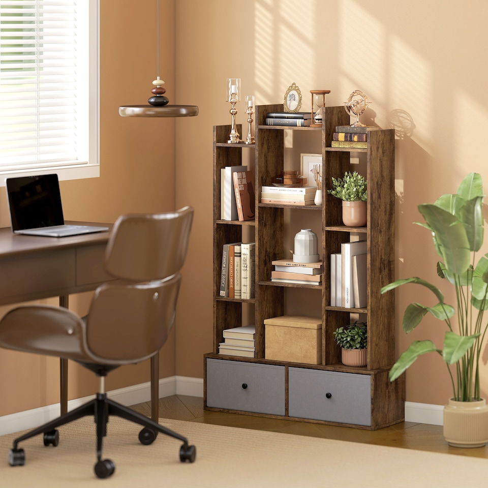 image 1 of HOMCOM Tree Bookshelf, 12-Tier Floor Standing Bookcase with 2 Foldable Drawers, Freestanding Book Shelf Storage Display Shelving Unit for Living Room, Home Office, Bedroom, Rustic Brown