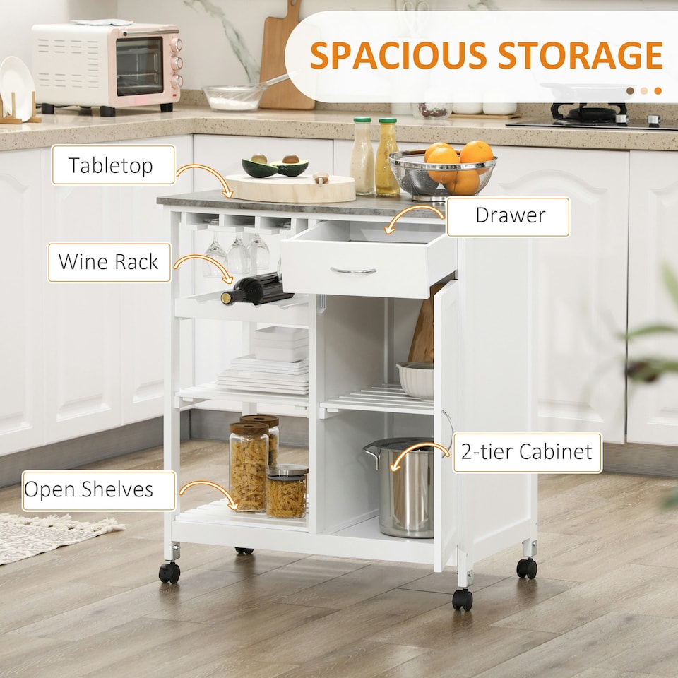 image 1 of HOMCOM Kitchen Trolley Utility Cart W/ Wheel Wine Rack Open Shelf and Cabinet