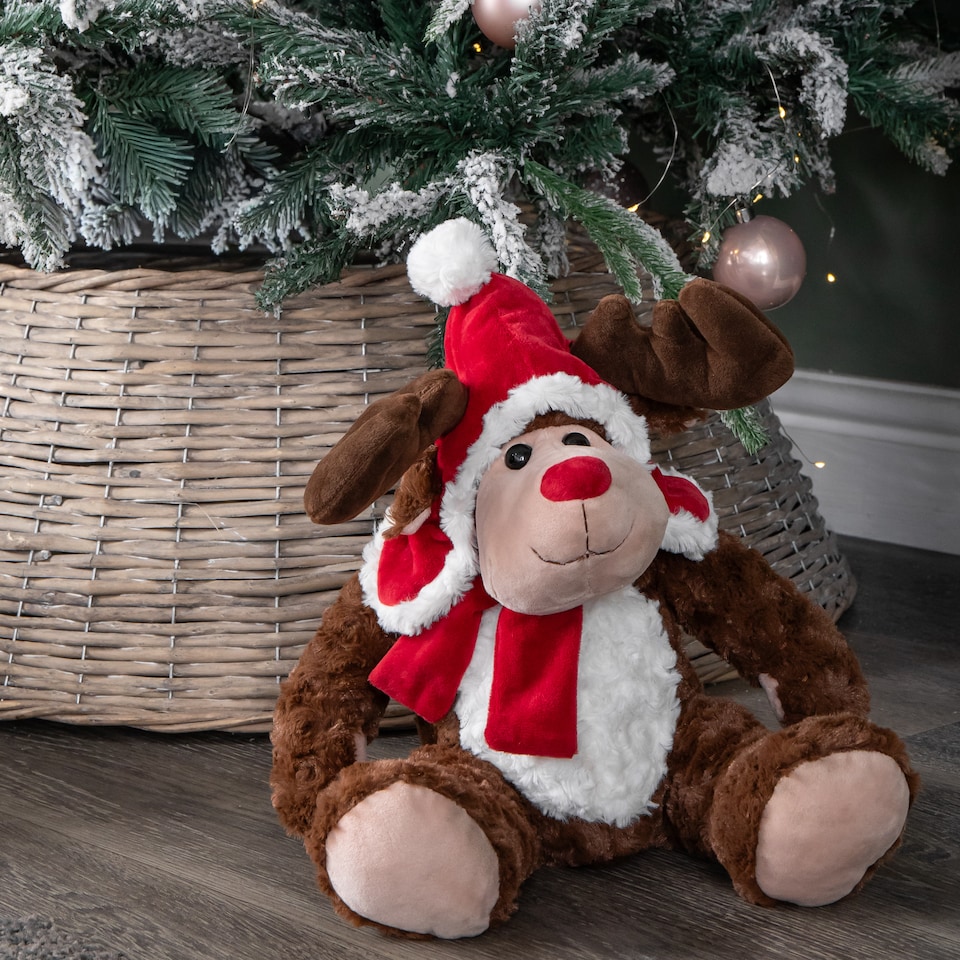 image 1 of 30cm Sitting Plush Christmas Reindeer with Red Hat & Scarf