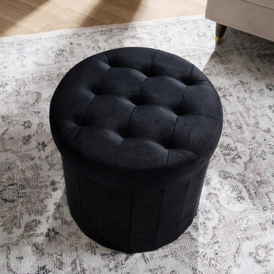 image 1 of OHS Matte Velvet Soft Round Foldable Footstool Seat Storage Organiser Ottoman Black