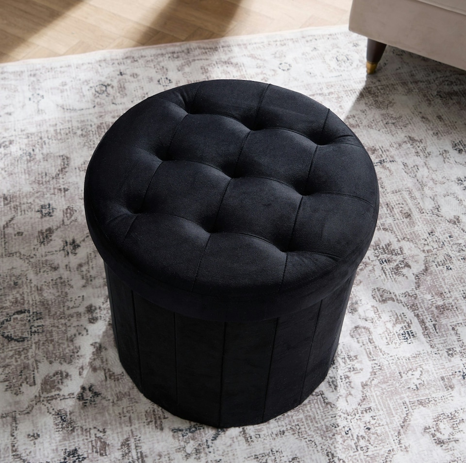 image 1 of OHS Matte Velvet Soft Round Foldable Footstool Seat Storage Organiser Ottoman | Black