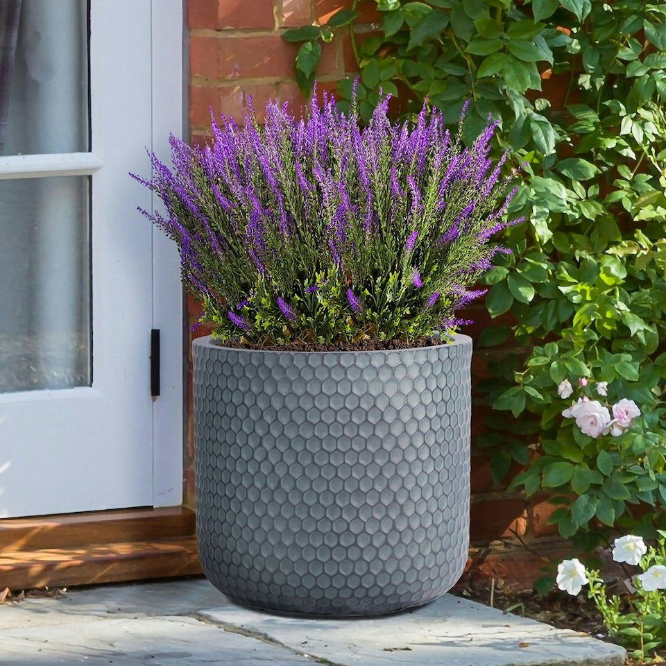 image 1 of Honeycomb Style Green Grey Cylinder Round Outdoor Garden Planter D37.5 H37 cm, 40.9 ltrs Cap.