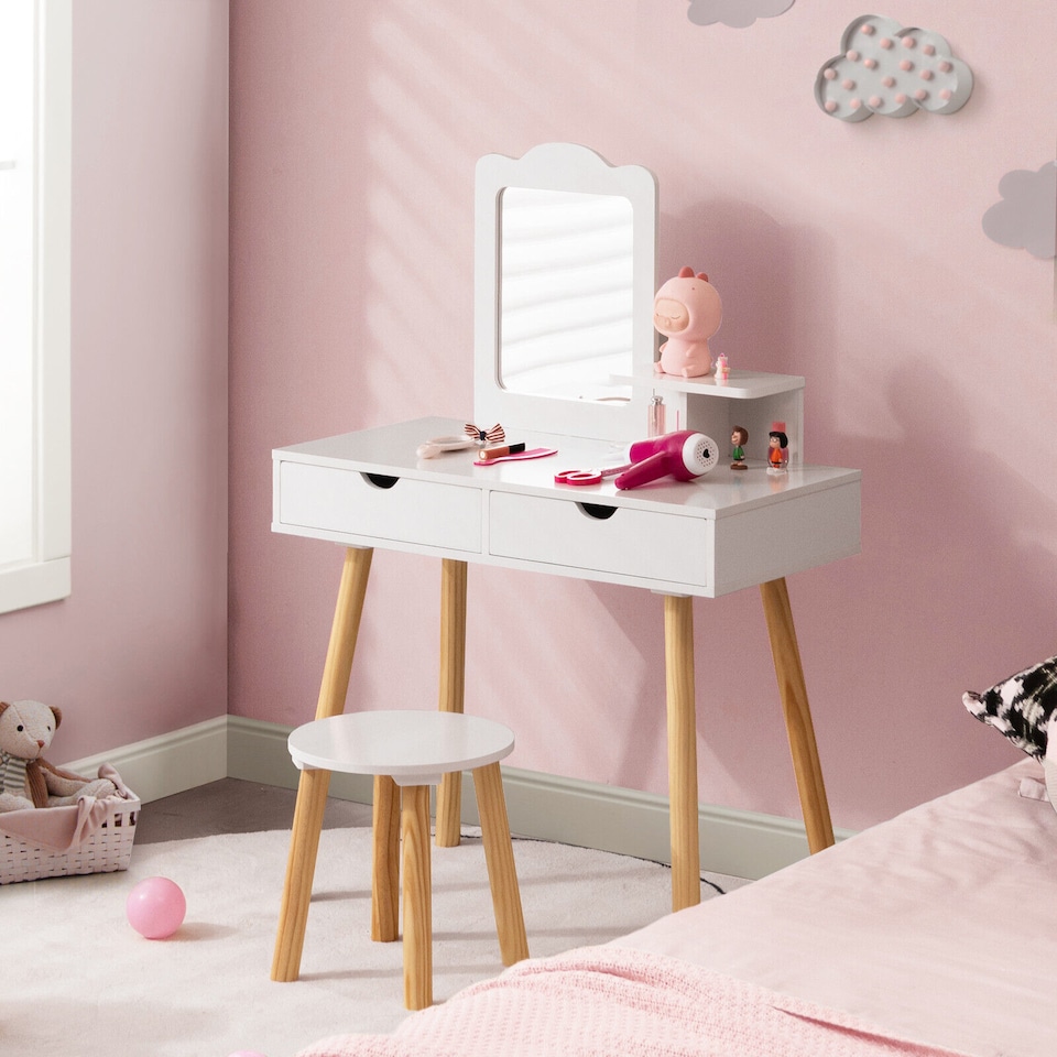 image 1 of COSTWAY 2 in 1 Kids Vanity Set Kids Wood Vanity Table White
