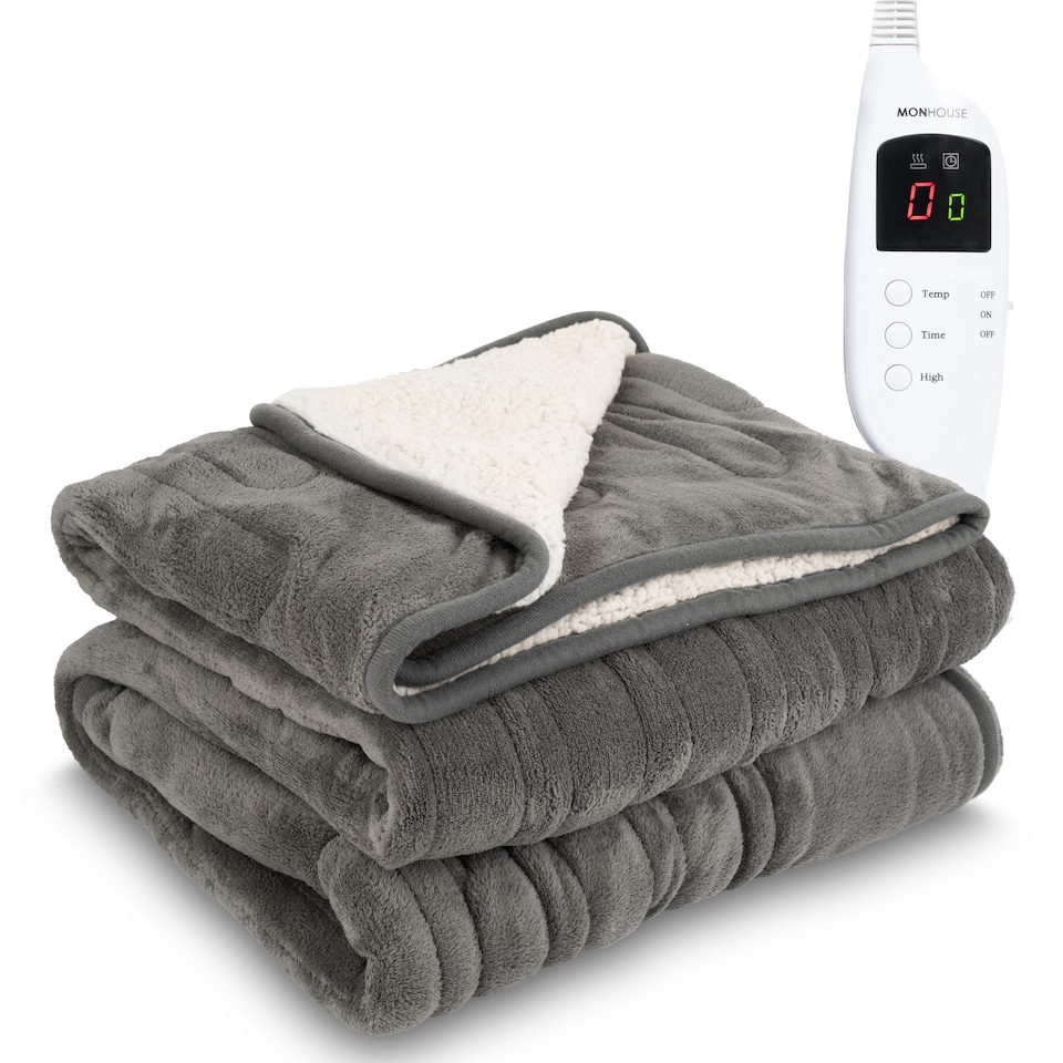 image 1 of Monhouse Heated Throw - Electric Blanket - Digital Controller - 9H Timer , 9 Heat Settings, Auto Shutoff - Double 150X200Cm | Grey | Grey Shearling | 1