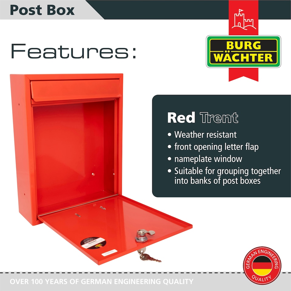 image 1 of Burg-Wachter Trent Wall Mounted Galvanised Steel Lockable Post Box - 26x34x9cm Red