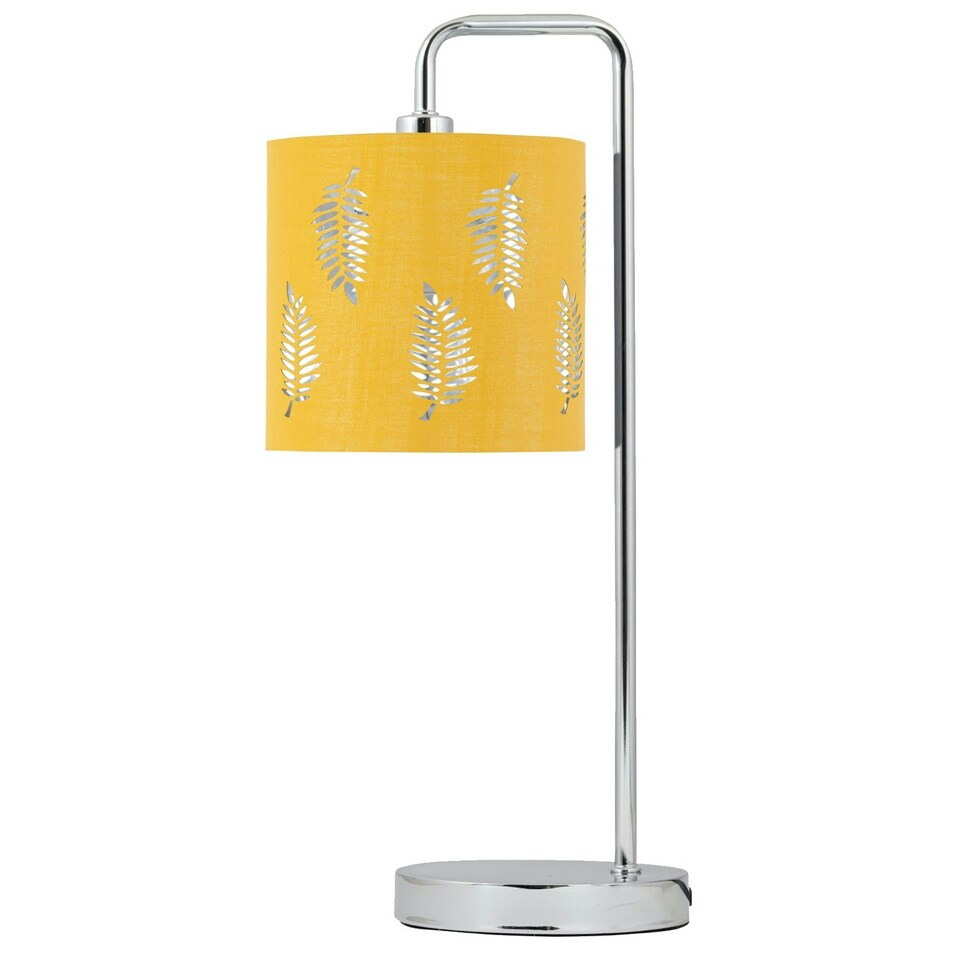 image 1 of First Choice Lighting Chrome Arched Table Lamp with Ochre Fern Cut Out Shade Chrome | Yellow
