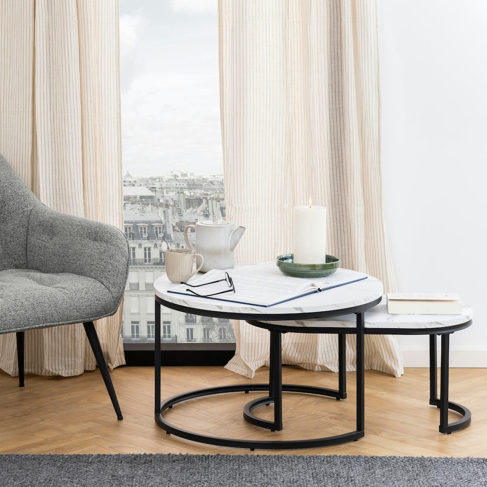 image 1 of Spiro Coffee Table Set with White Marble Melamine Top & Black Legs