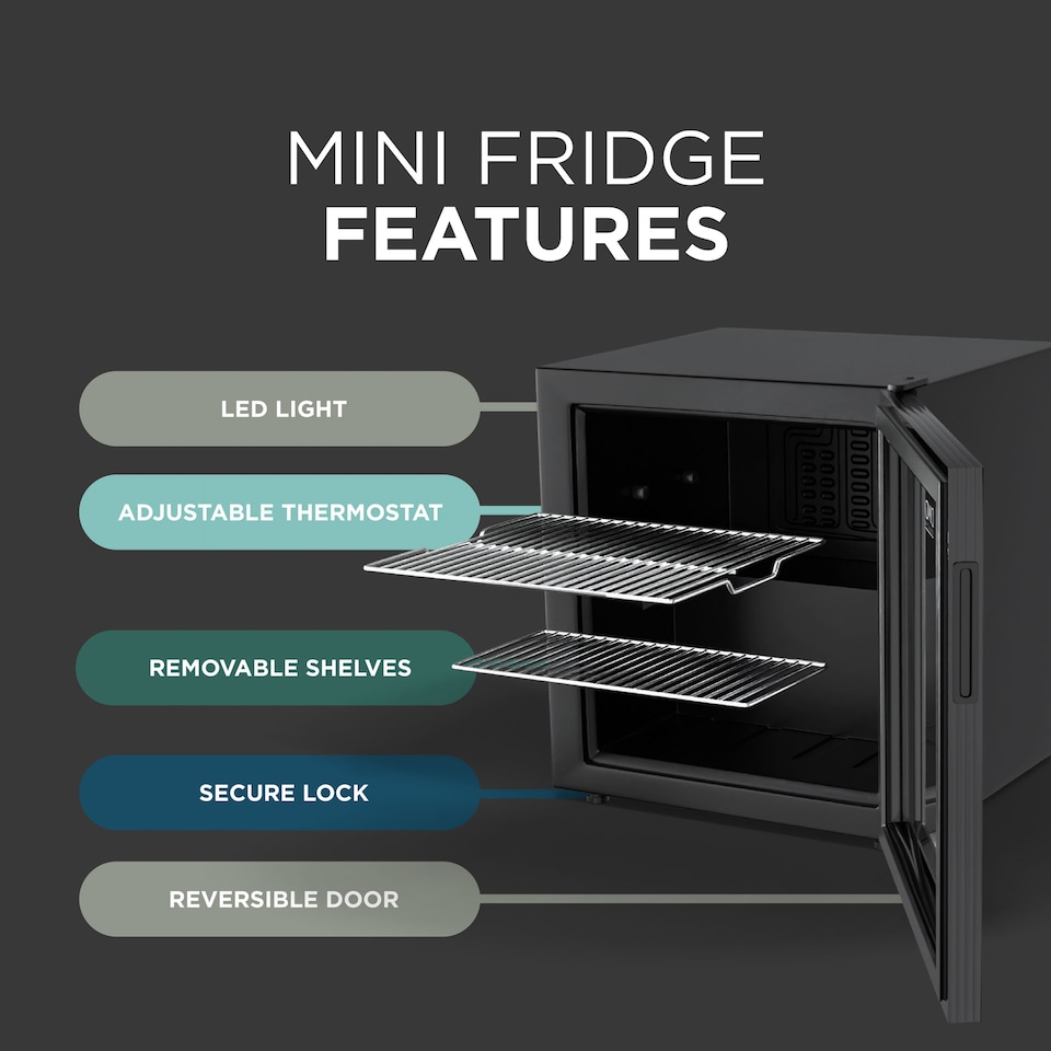 image 1 of DMD 50L Glass Mini Fridge with LED Light, Lock & Key | Black