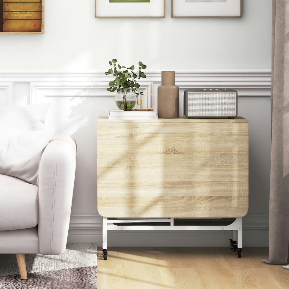 image 1 of HOMCOM Mobile Drop Leaf Dining Table on Wheels with Storage Shelf Natural