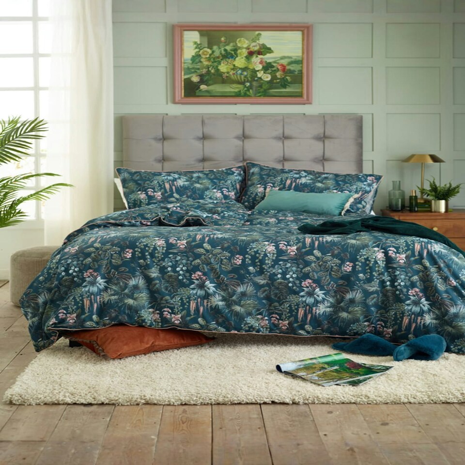image 1 of Tropical Leaves 100% Cotton Duvet Cover Set – Digitally Printed with Piped Edging Multi | Double