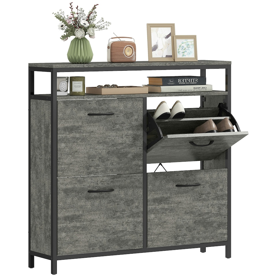 image 1 of HOMCOM Shoe Cabinet with 4 Flip Drawers, Holds 12-20 Pairs | Grey | 98W x 24D x 95H cm | 1