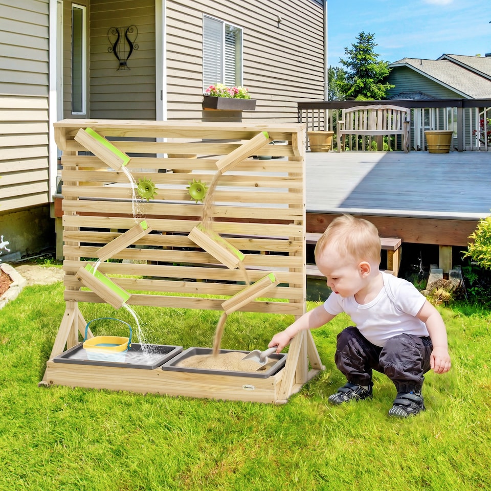 image 1 of Outsunny Kids Running Water Playset w/ Sink Toys, Water Carts, Tracks | Yellow | Natural wood finish