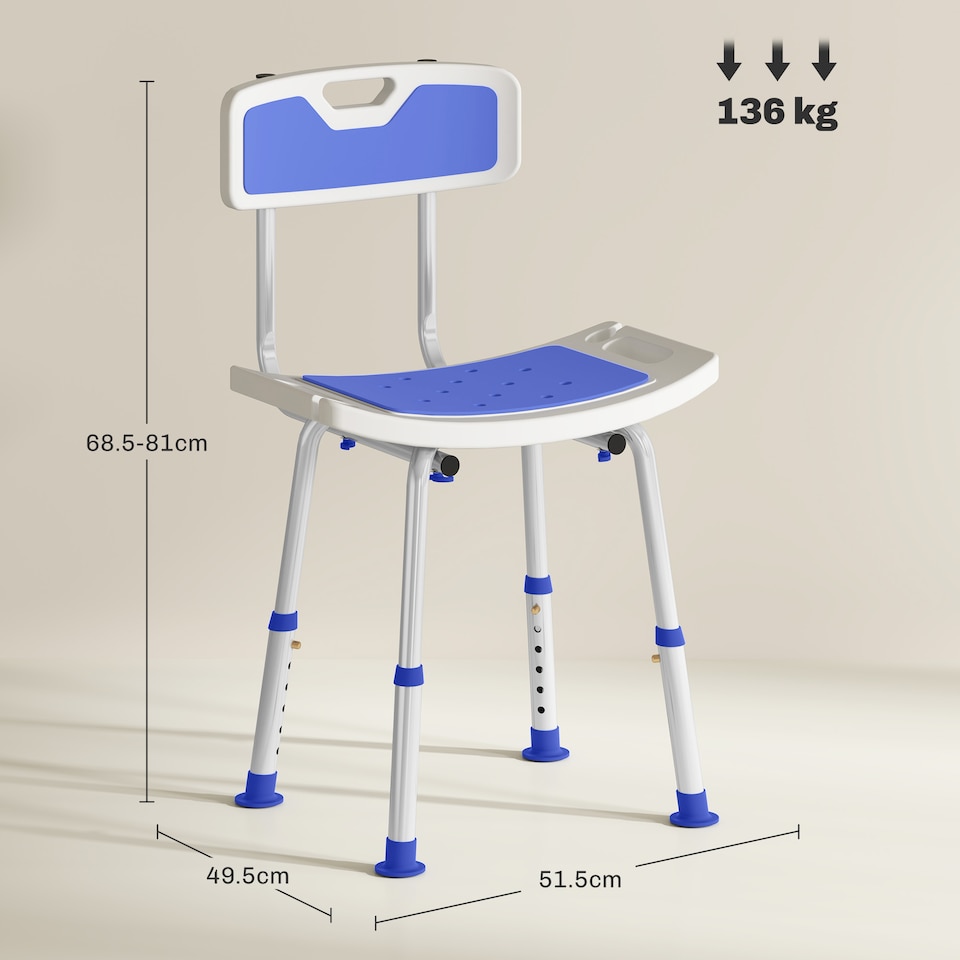 image 1 of HOMCOM Shower Chair for the Elderly and Disabled, 6-Level Height Adjustable Shower Stool with Backrest, Curved Seat, Anti-slip Foot Pads and Shower Head Holder, Blue