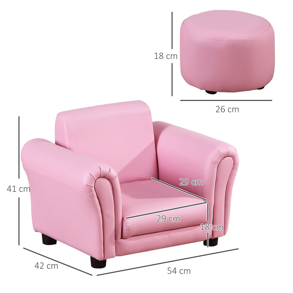 image 1 of HOMCOM Kids Sofa Set, 2 Piece Children Armchair with Stool Nursery Pink