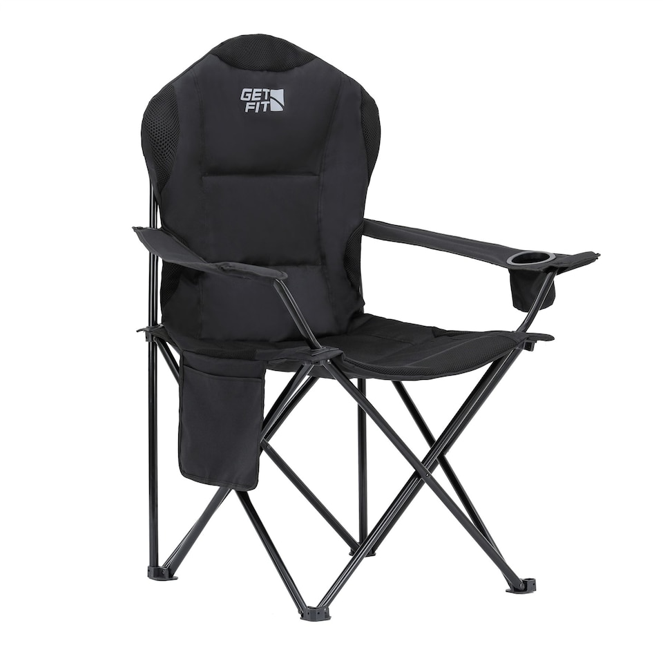 image 1 of Get Fit Premium Folding Camping Chair - Thick Padded With Magazine Pocket, Cup Holder & Carry Bag - Lightweight 3Kg - Capacity 130Kg - Single | Black | 1