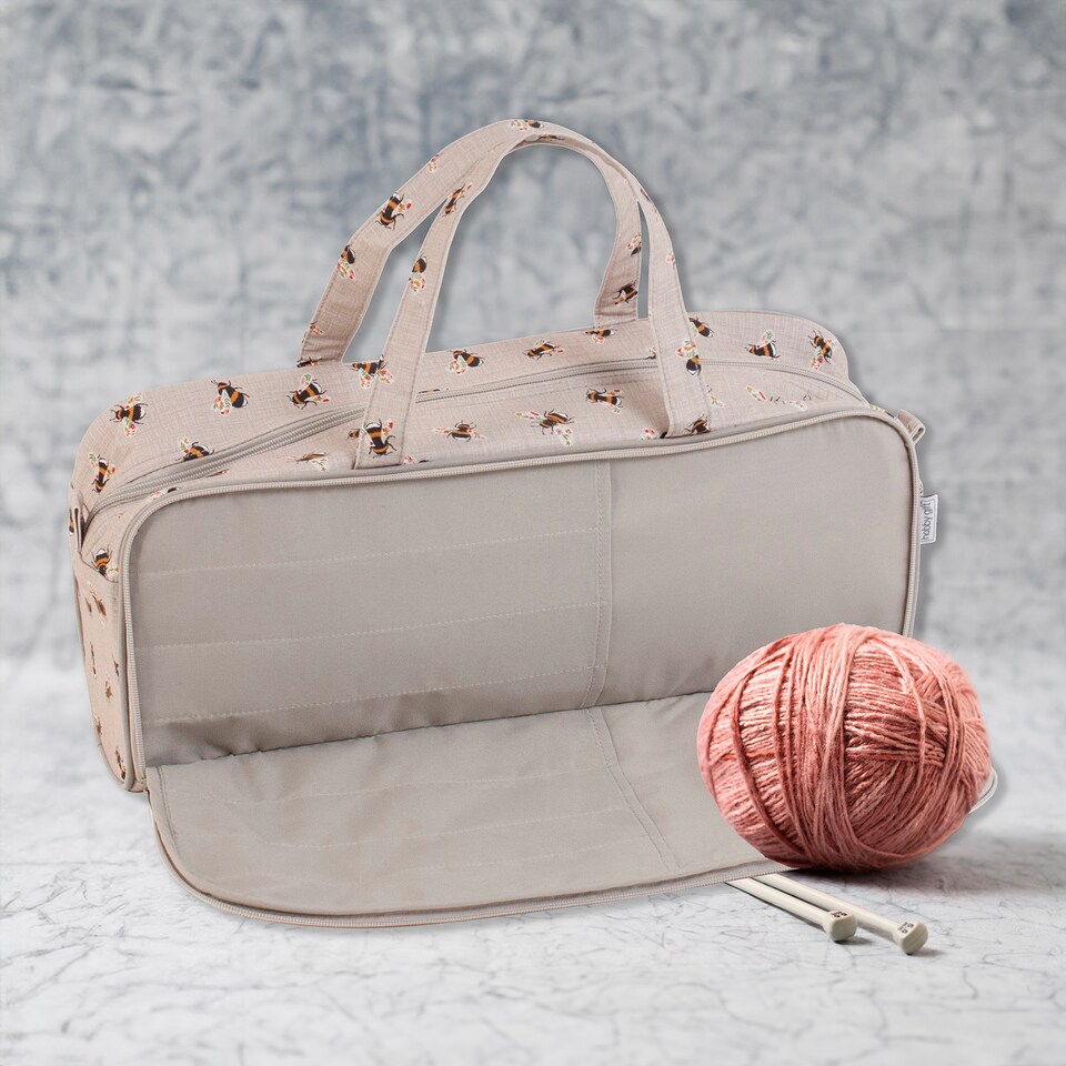 image 1 of Hobby Gift Knitting Storage Bag with Zipped Needle Case, Natural Bees