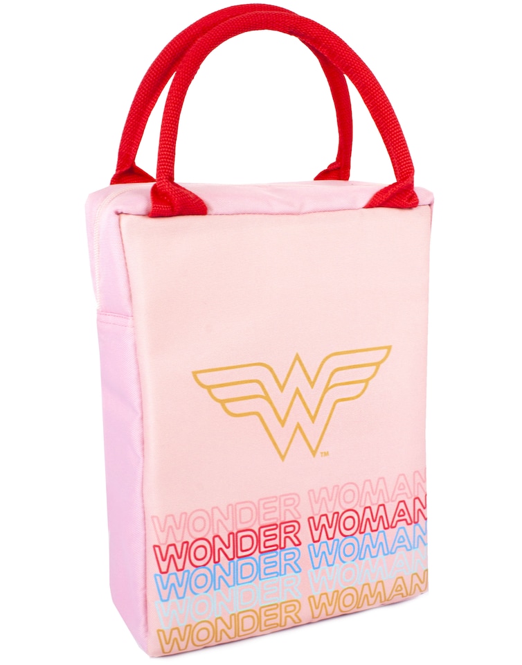 image 1 of DC Comics Wonder Woman Lunch Bag | Rectangular Tote Style 3 Piece Set with Water Bottle & Snack Container | Embrace Superhero Power | Pink Shield Design for Adults & Kids | Wonder Durable Material