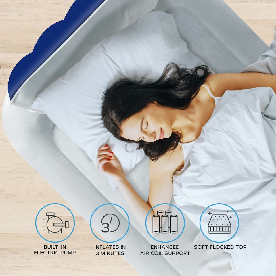 image 1 of Get Fit Air Bed With Built In Electric Pump - Premium Single Airbed - Quick Blow Up Bed With Headboard & Inflatable Pillow - Elevated Air Mattress - Navy/White