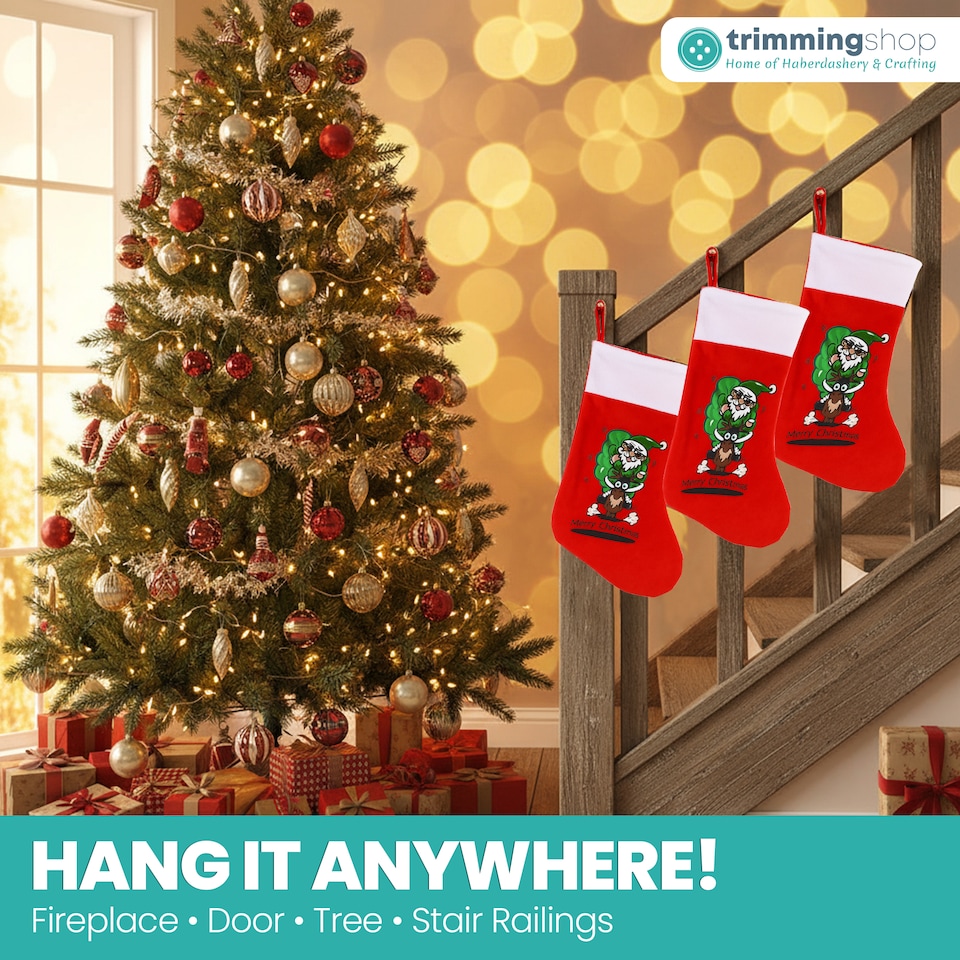 image 1 of Red Velvet Christmas Stocking Santa & Reindeer Design for Gift