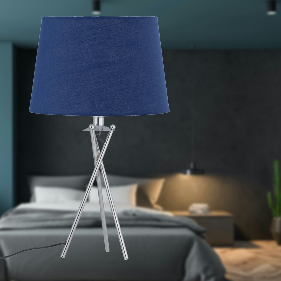 image 1 of First Choice Lighting Set of 2 Tripod Table Lamps with Navy Cotton Fabric Shades Chrome | Blue