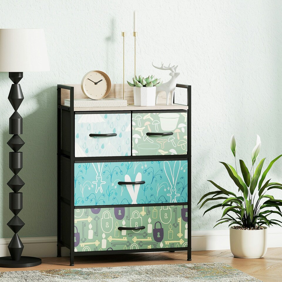 image 1 of HOMCOM 4-Drawer Chest of Drawers, Fabric Dresser with Open Shelf, Blue Blue | Black, Brown