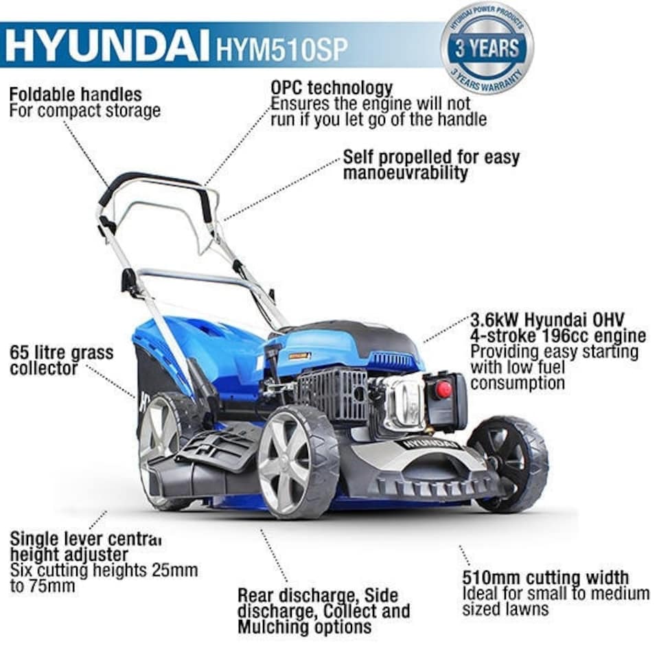 image 1 of Hyundai 20" / 51cm 196cc 4-in-1 Self-Propelled Petrol Lawnmower, Mulch, Rear & Side Discharge, Hose Connector| HYM510SP